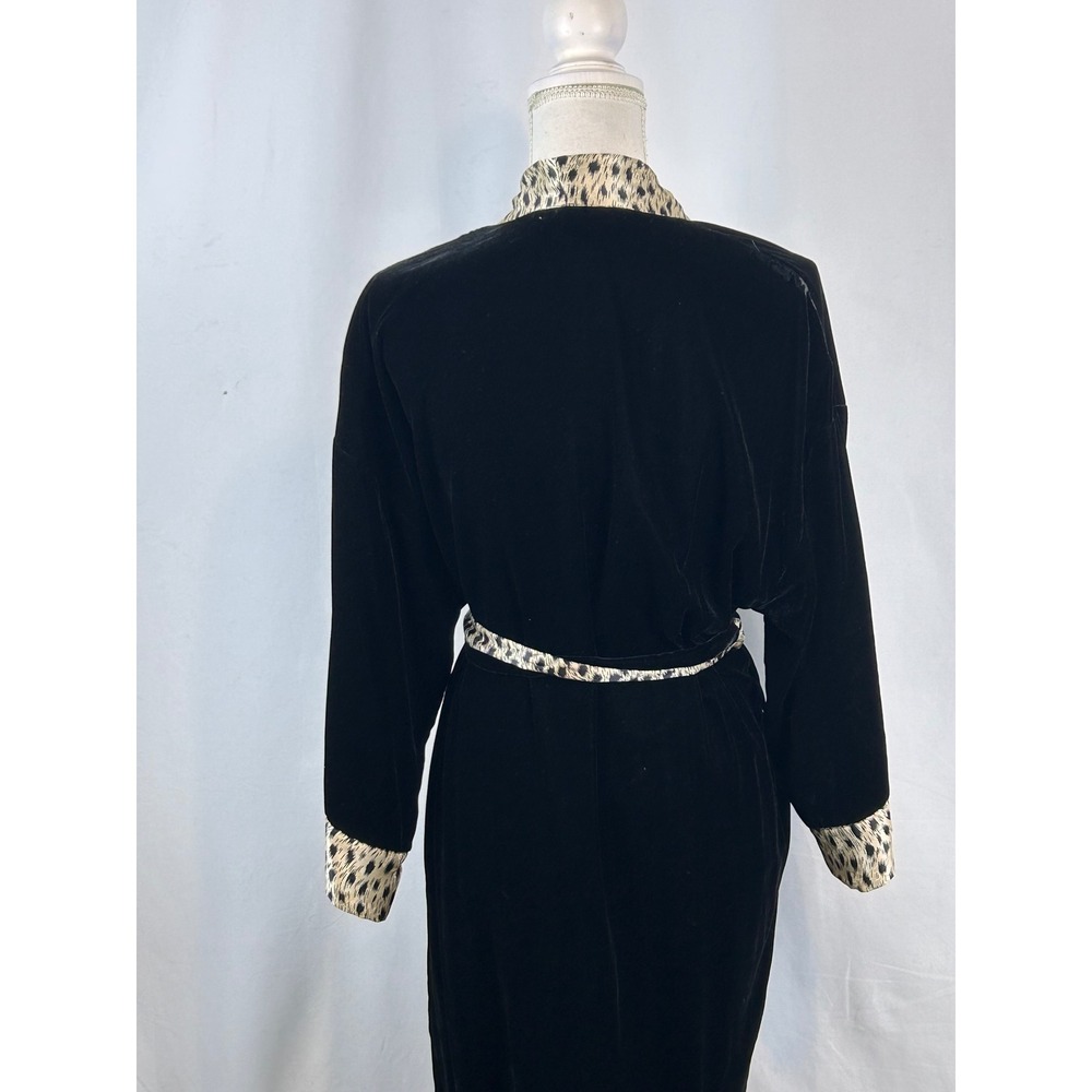 August Silk Velvet Robe Women Size 8 Black Leopard Trim Long Duster - Picture 8 of 11